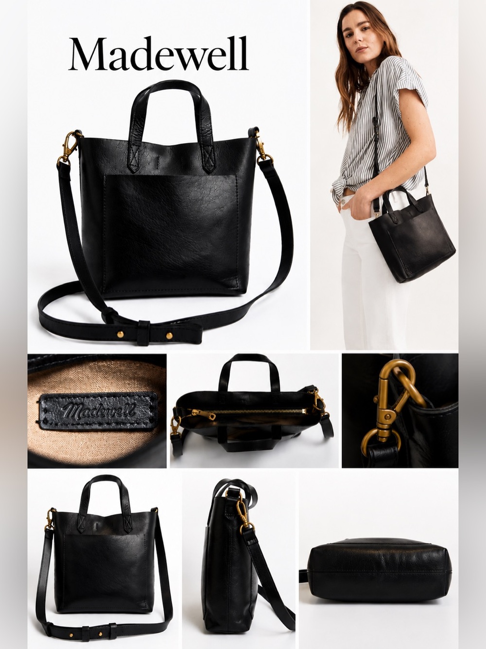 Madewell Black Leather Small Transport Tote Crossbody Bag Adjustable Strap Mini